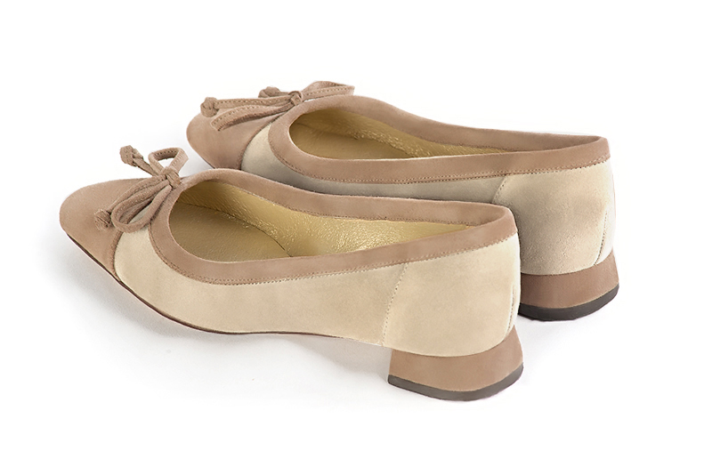 Tan beige and champagne white women's ballet pumps, with low heels. Square toe. Flat flare heels. Rear view - Florence KOOIJMAN